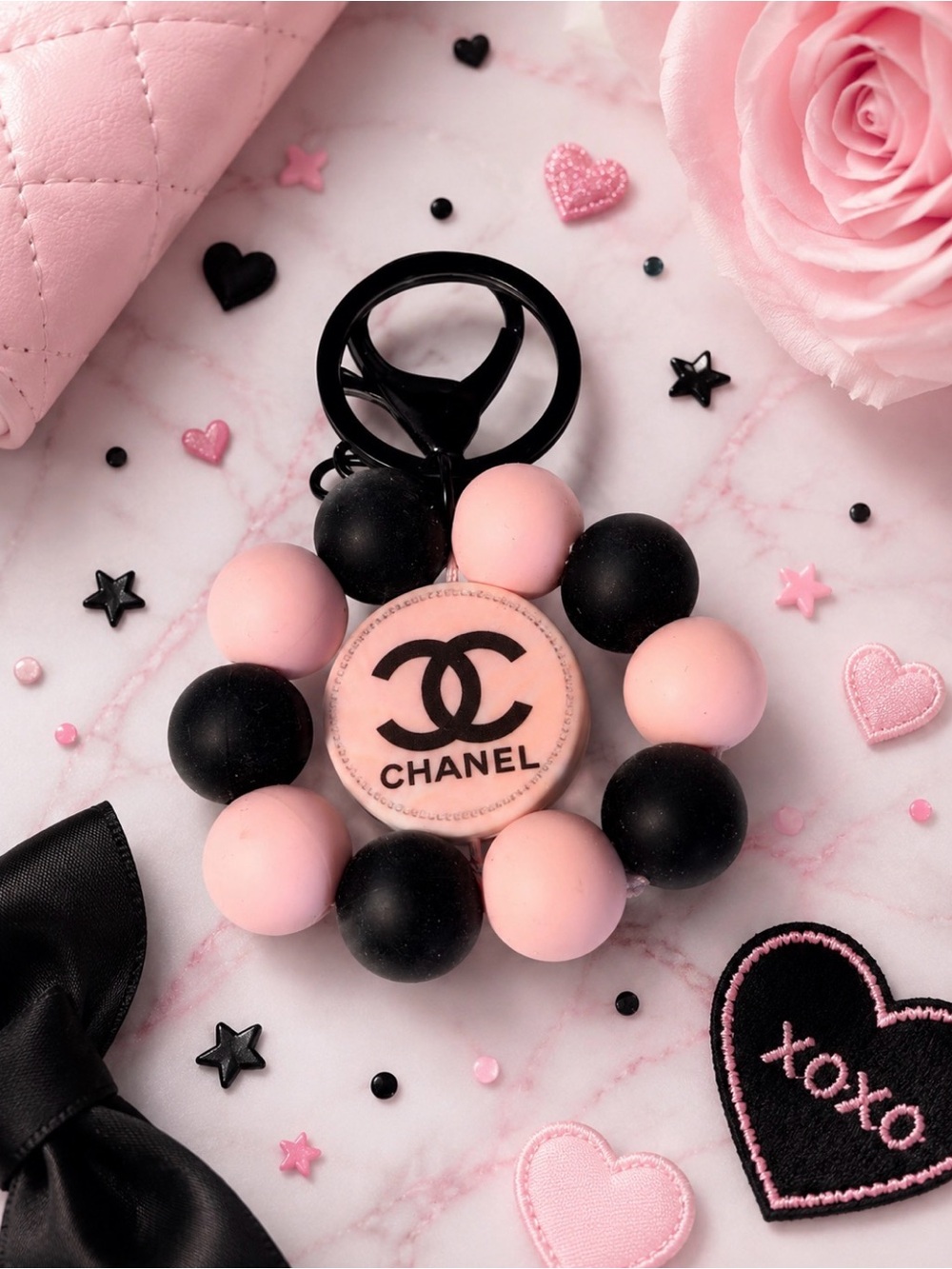 Handmade Pink & Black Beaded Keychain